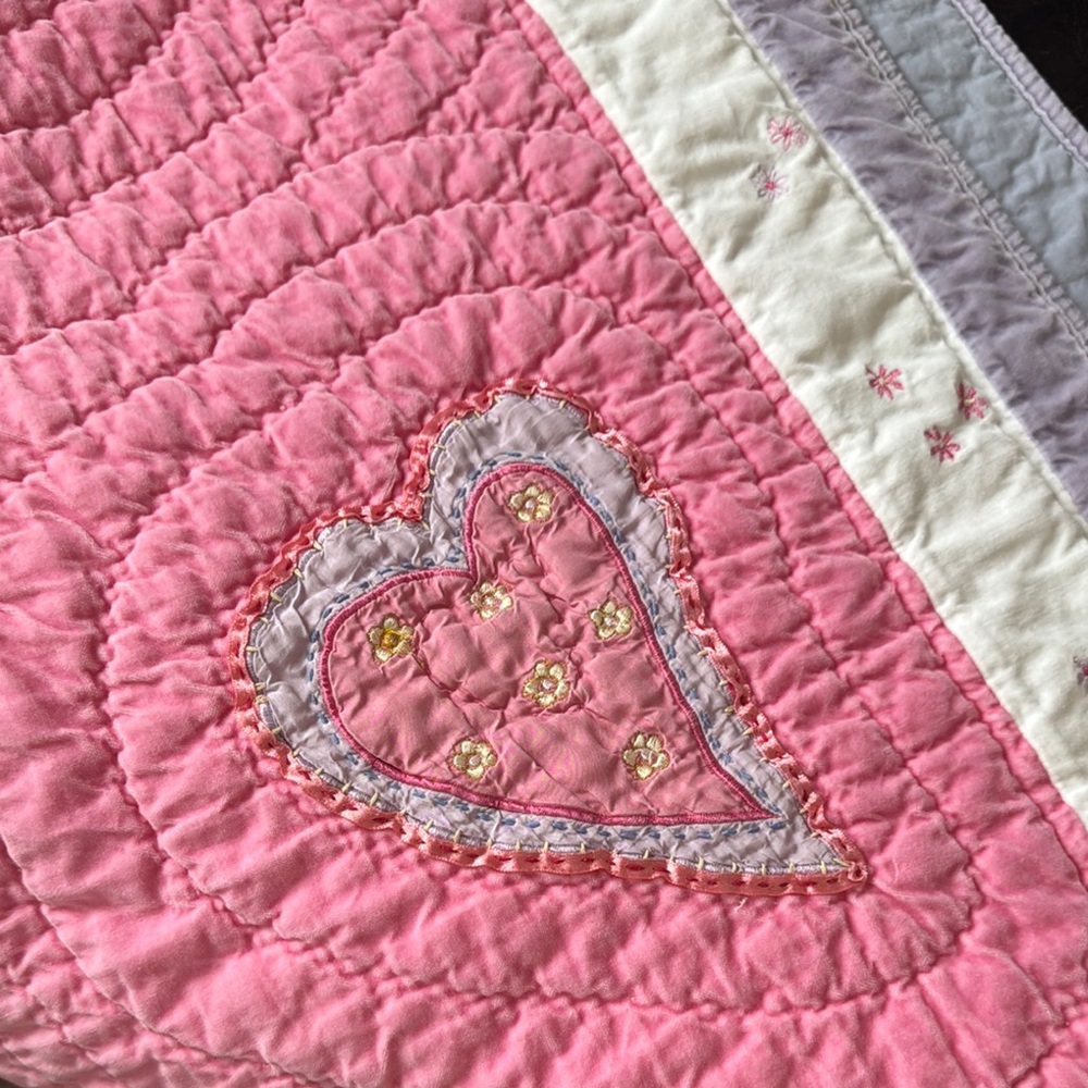 Pottery Barn Kids Twin Velvet Heart Quilt Floral Satin Ruffle Embroidered Detail